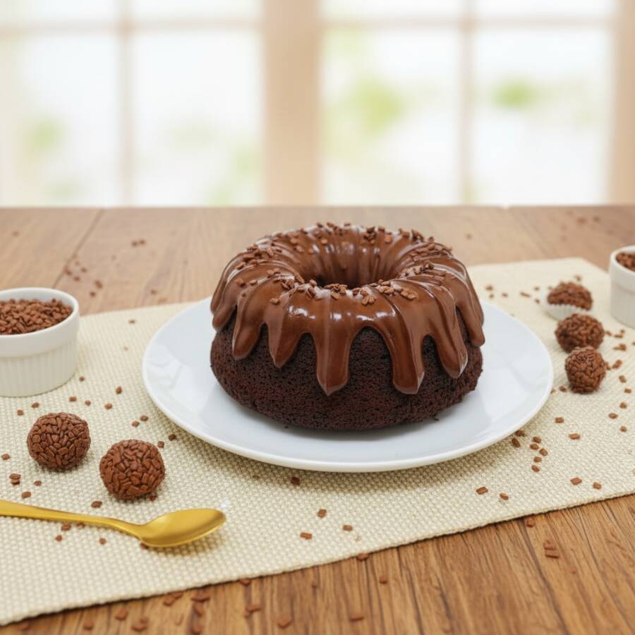 Delicioso bolo caseiro de chocolate, coberto com um generoso creme de brigadeiro, finalizado com brigadeiros e granullé