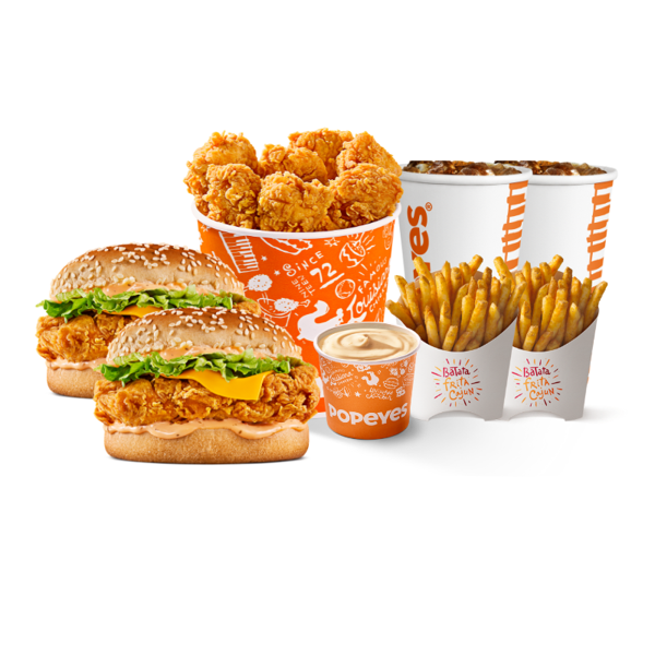 2 Sanduíches Clássico Nola Rose + 2 Bebidas + 15 Filezinhos + 2 Fritas Cajun + Molhão