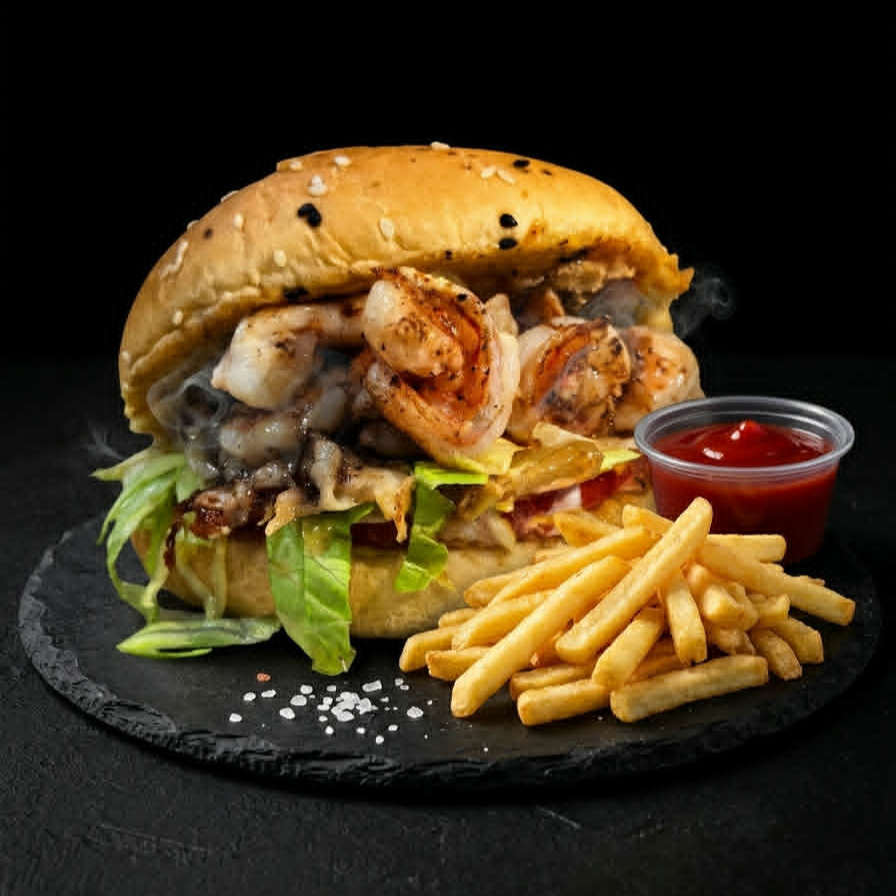 Hamburguesa de Camarón con Papas