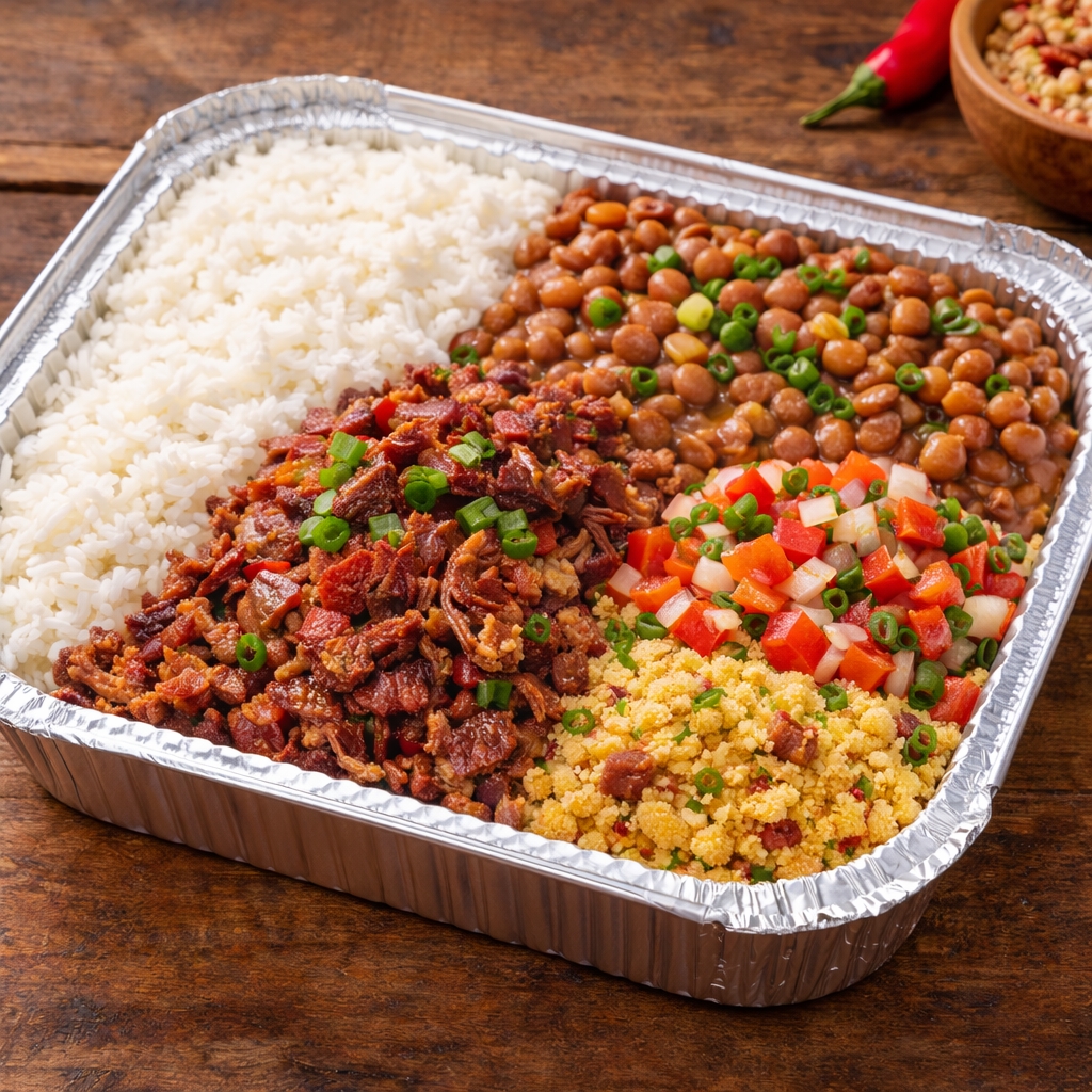 Arroz, feijão macassar vinagrete e farofa