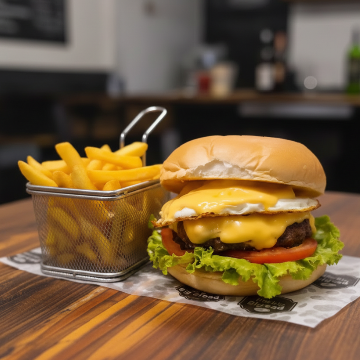 pão de hambúrguer, hambúrguer, queijo, ovo, alface, tomate e maionese