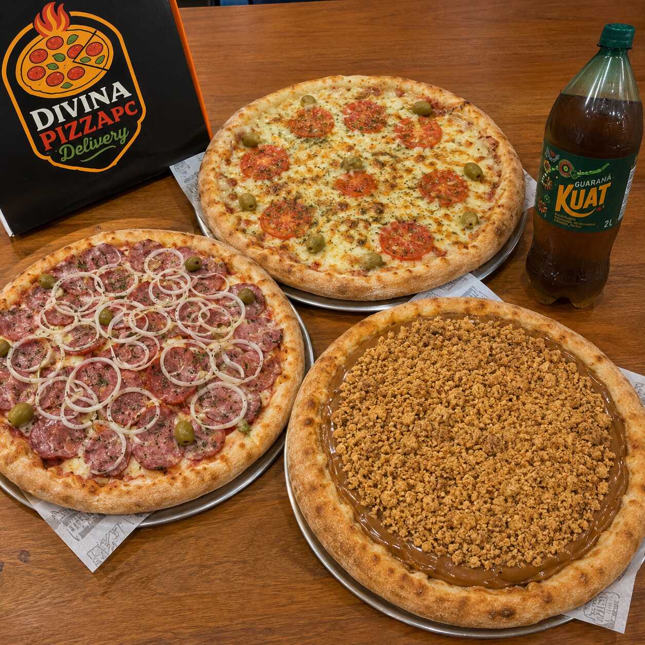 1 Pizza grande de muçarela, 1 Pizza grande de calabresa mineira, 1 Brotinho de doce de leite com paçoca e um Guaraná Kuat.