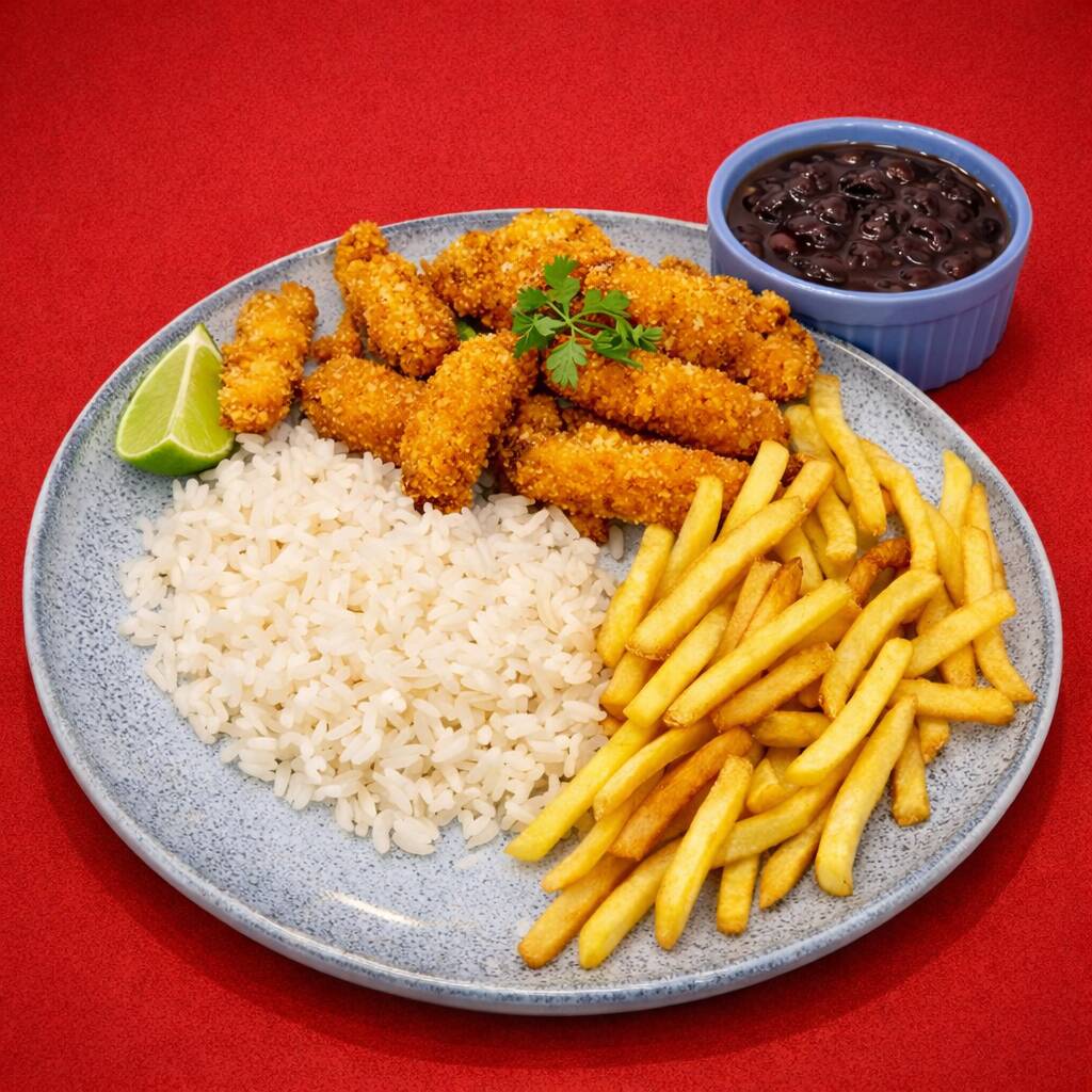 Iscas de peixe super crocantes + arroz fresquinho + feijão saboroso + fritas douradas. Porção caprichada, sabor incrível e aquele prato que chega sempre do jeitinho que você gosta.