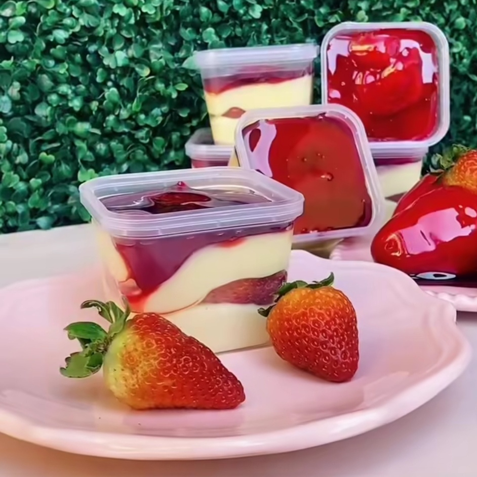 Creme de ninho, morango e calda de açúcar