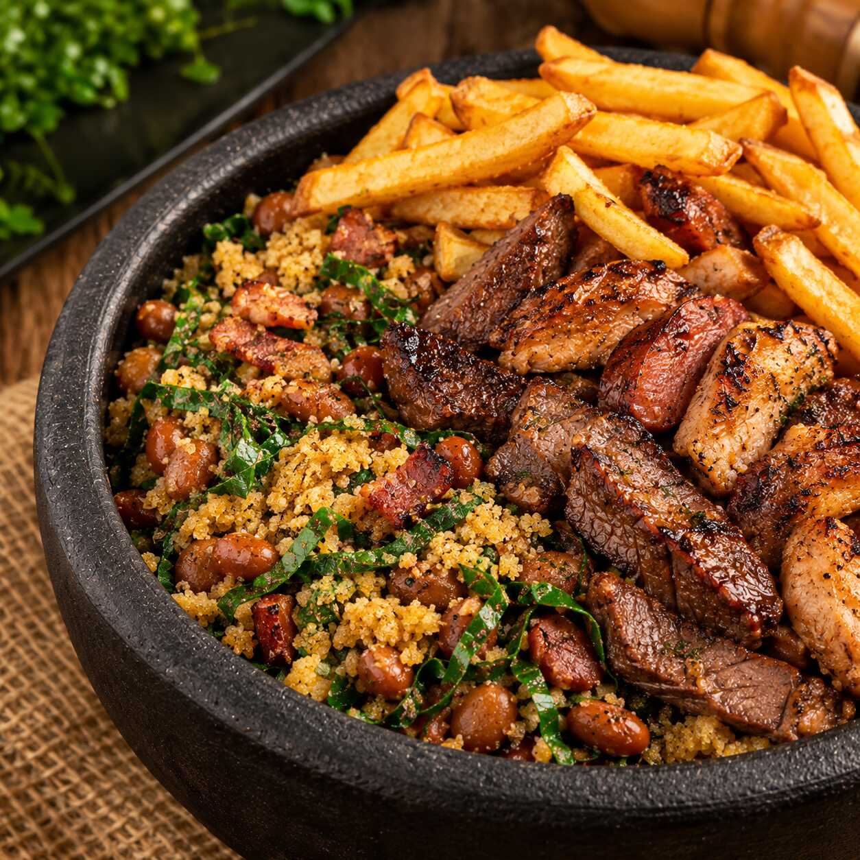 Delicioso tropeiro c/ arroz, churrasco misto e fritas.