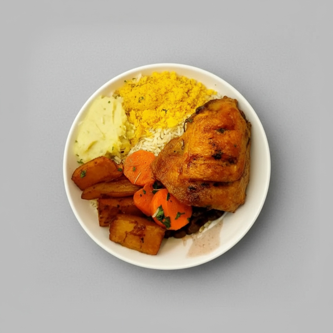 Frango na brasa (150g), arroz soltinho, feijão fresquinho, farofa da casa, macarrão alho e oleo e batata rustica Tam. M - Serve 1 pessoa - Aprox.; 600 Serve uma pessoa