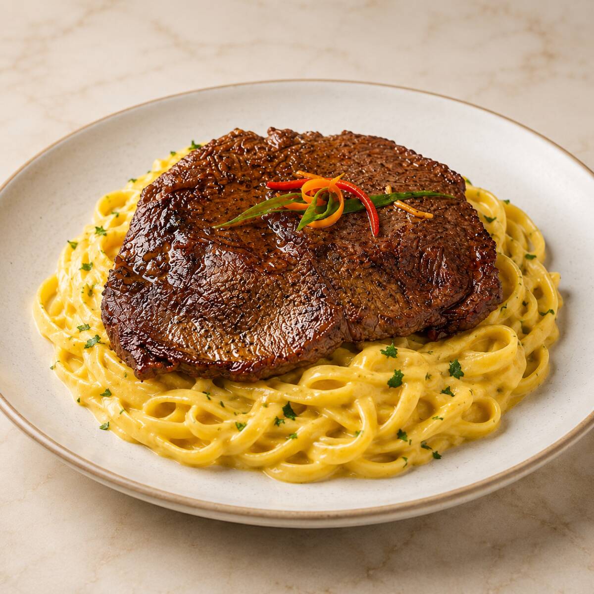 Fetuccini a la huancaína con bistec