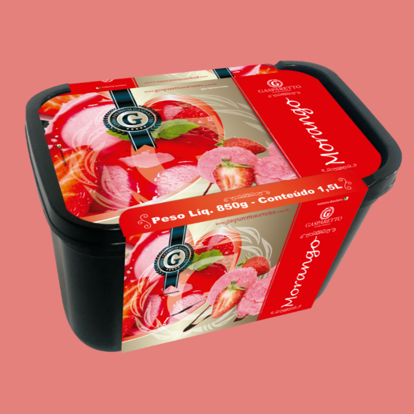 Sorvete artesanal Gasparetto sabor morango com pedaços da fruta. Pote 1,5L.