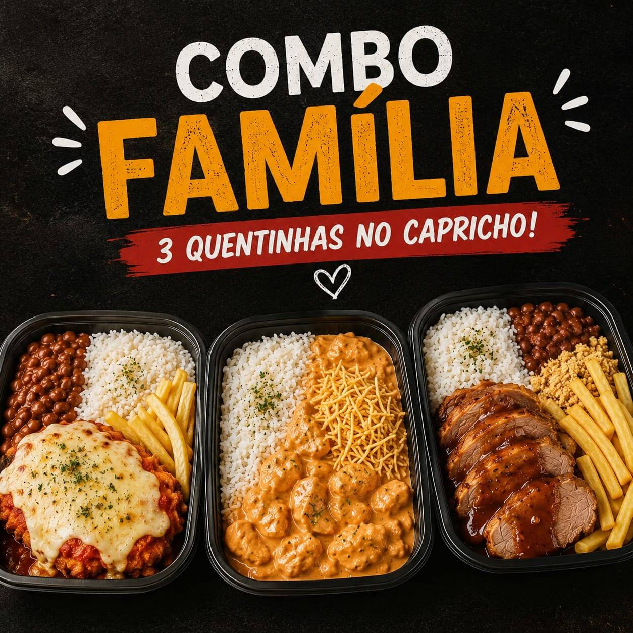 Reúna a família e aproveite! Escolha 3 marmitas do cardápio e ganhe um refrigerante de 2 litros para completar a refeição. Pratos preparados com ingredientes frescos, muito sabor e aquele tempero caseiro que todo mundo gosta. Perfeito para compartilhar, economizar e deixar o almoço ainda mais especial!
🥤🔥 #ComboFamília #3Marmitas #Refri2L #ComidaCaseira #Almoço #Promoção #Oferta #Economia
(Strogonoff acompanha: Arroz, strogonoff e batata palha / Carne Suína; Arroz, feijao e fritas / Parmegiana de frango: Arroz, feijão e fritas)