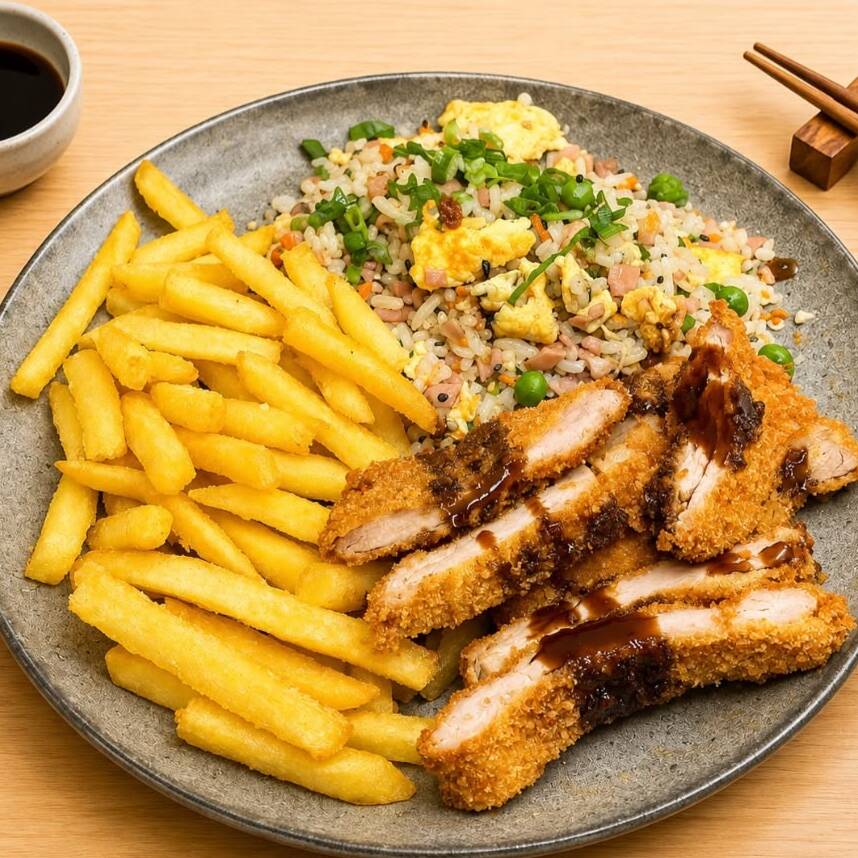 Delicioso Bentô com empanado de filé suíno, acompanha arroz primavera e batata frita sequinha e crocante.
Serve Bem 01 Pessoa.