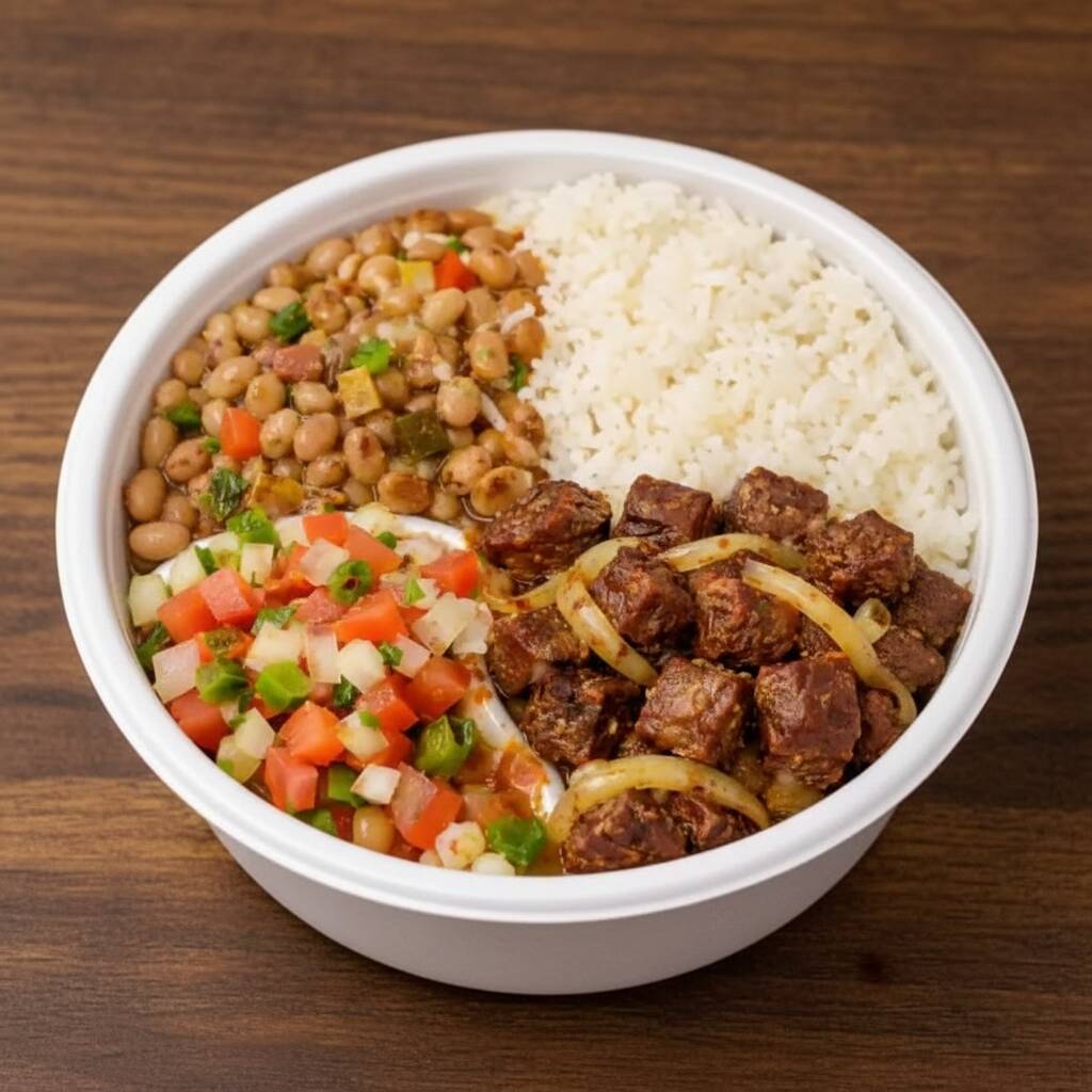 Arrumadinho de carne de sol acompanhado de Arroz Branco, Carne de sol em cubos, Feijão de Corda, Vinagrete, Farofa da casa