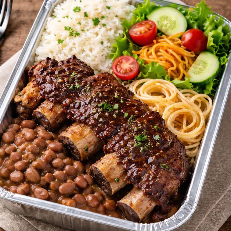 arroz, feijao de caldo , costela , mandioca e salada..