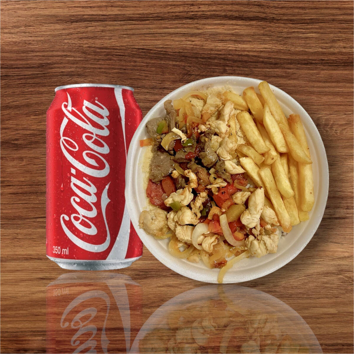 Marmita acompanha, arroz branco, feijão preto, farofa e fritas. Acompanha 1 Coca-Cola Lata.