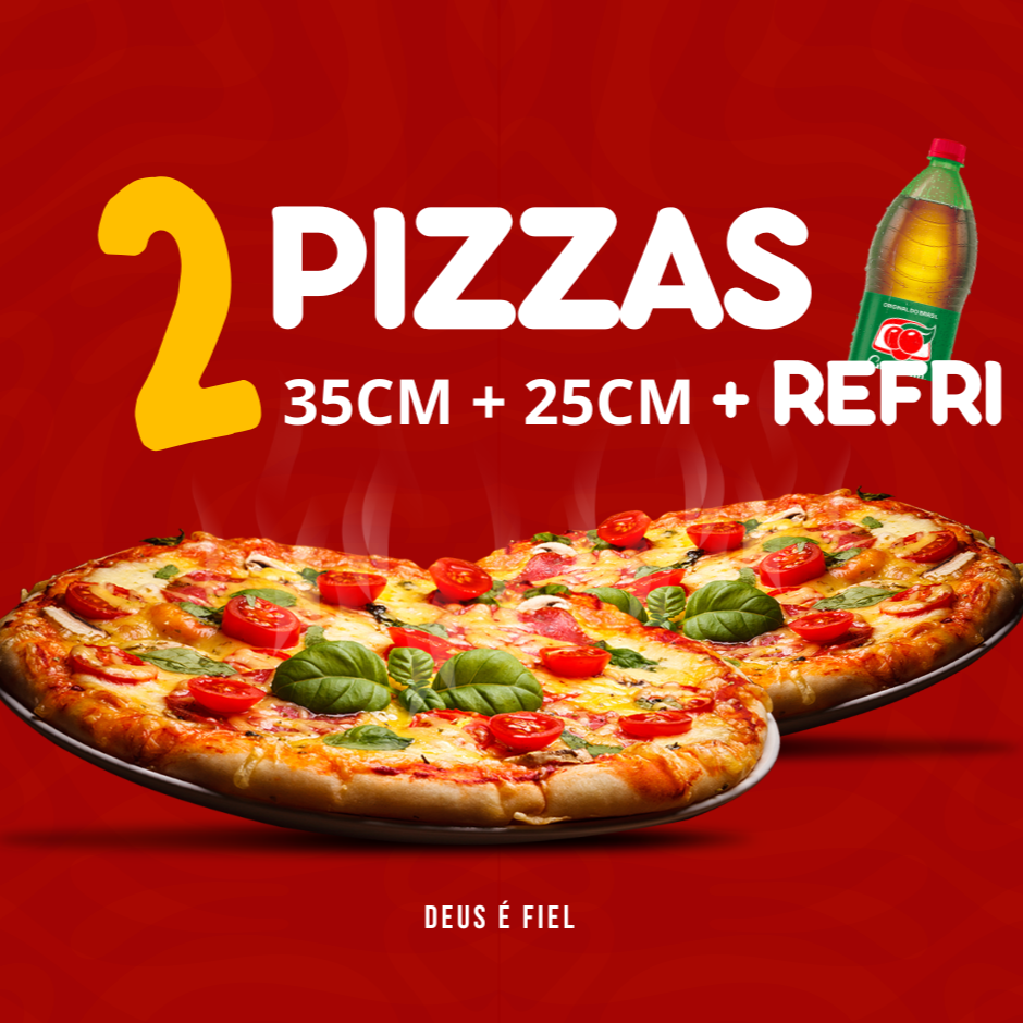1 Pizza familia ( 35cm ) + 1 pequena 25cm com bebida grátis de 1,5l escolha até 3 sabores.  serve de 3 a 5 pessoas