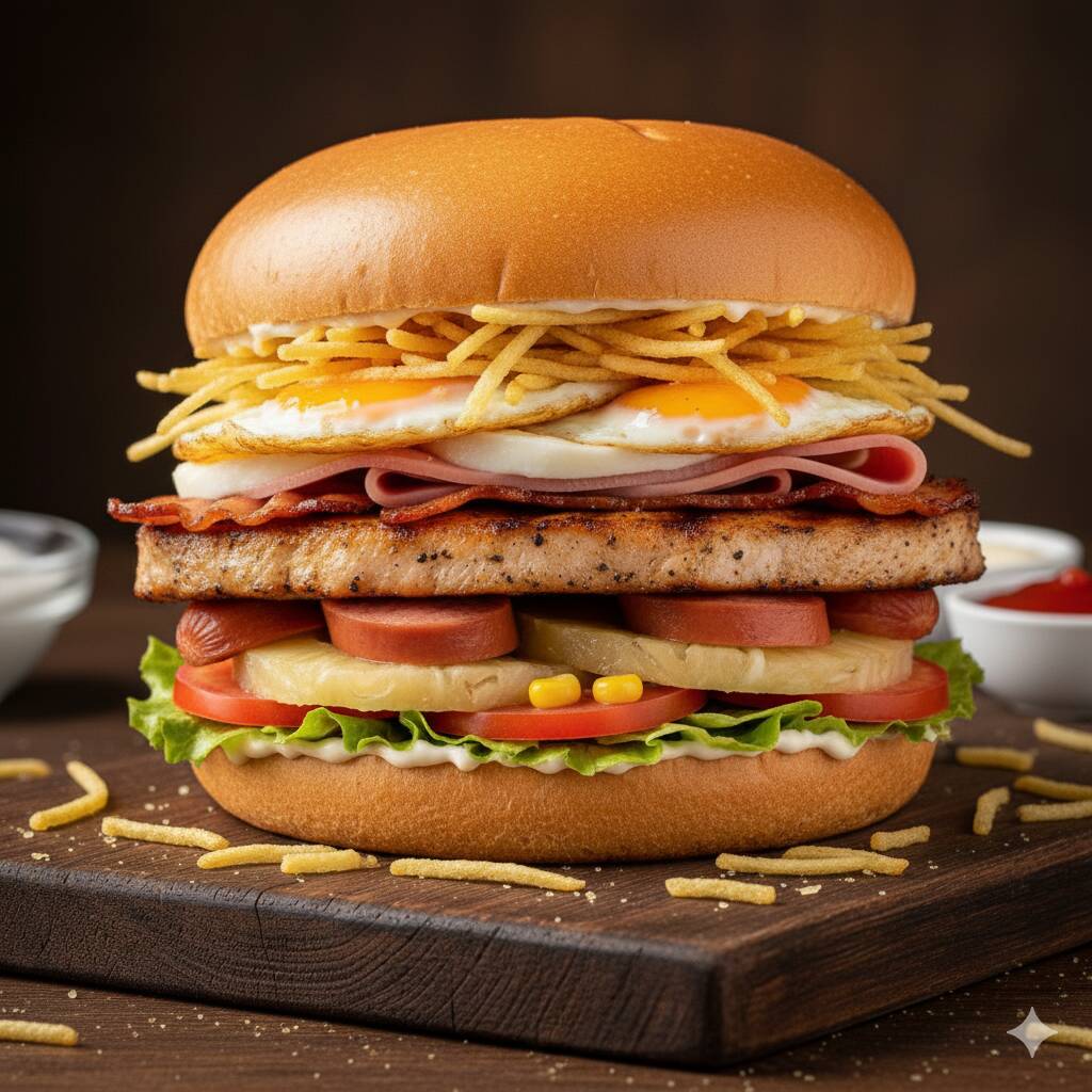 Pão, Lombo Suíno, Bacon, Ovo, Salsicha, Presunto, Mussarela, Abacaxi, Milho, Tomate, Alface, Batata Palha