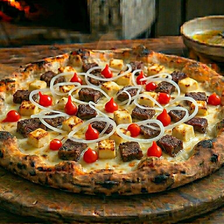 Muçarela, carne de sol, queijo coalho, pimenta biquinho, cebola e orégano.