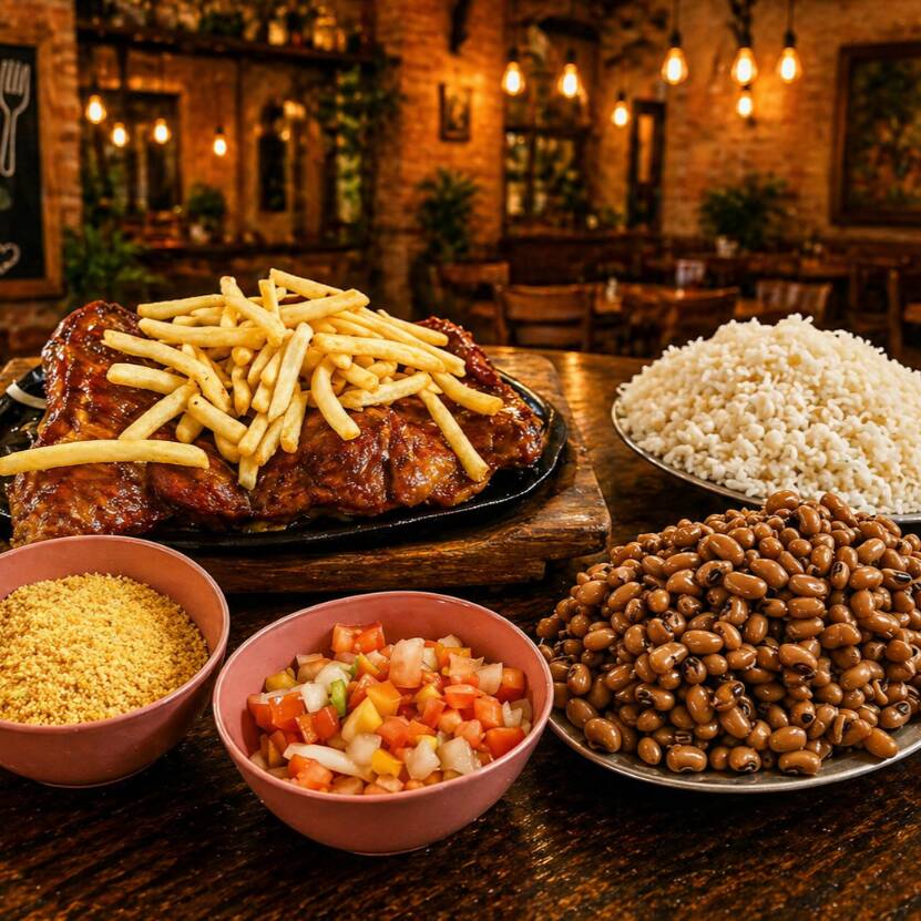 Maminha completa - acompanha arroz, feijão(macassa, mulatinho ou preto), fritas, farinha e verdura.