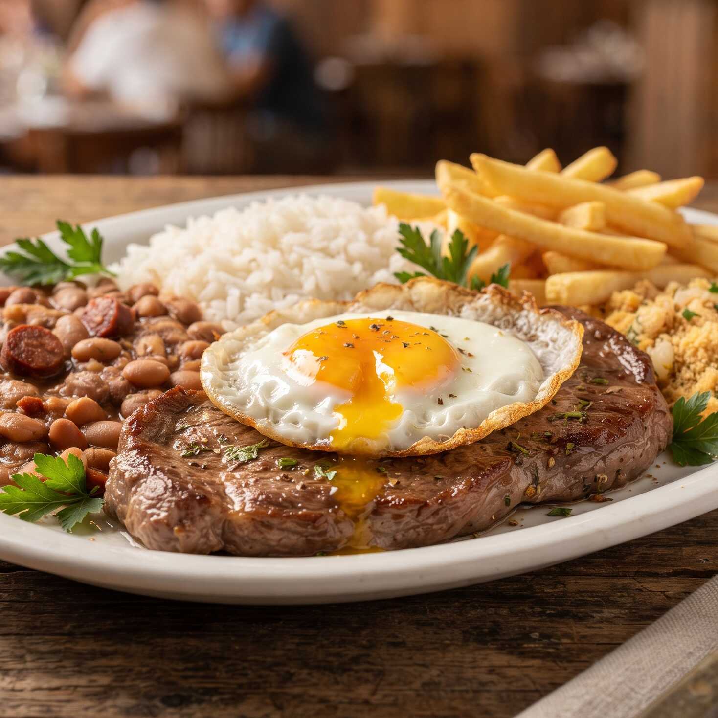 Bife a Cavalo: carne bovina suculenta com ovo perfeito. Acompanha arroz soltinho, feijão caseiro, farofa crocante e fritas sequinhas. Um clássico irresistível para a sua refeição!
Foto Ilustrativa