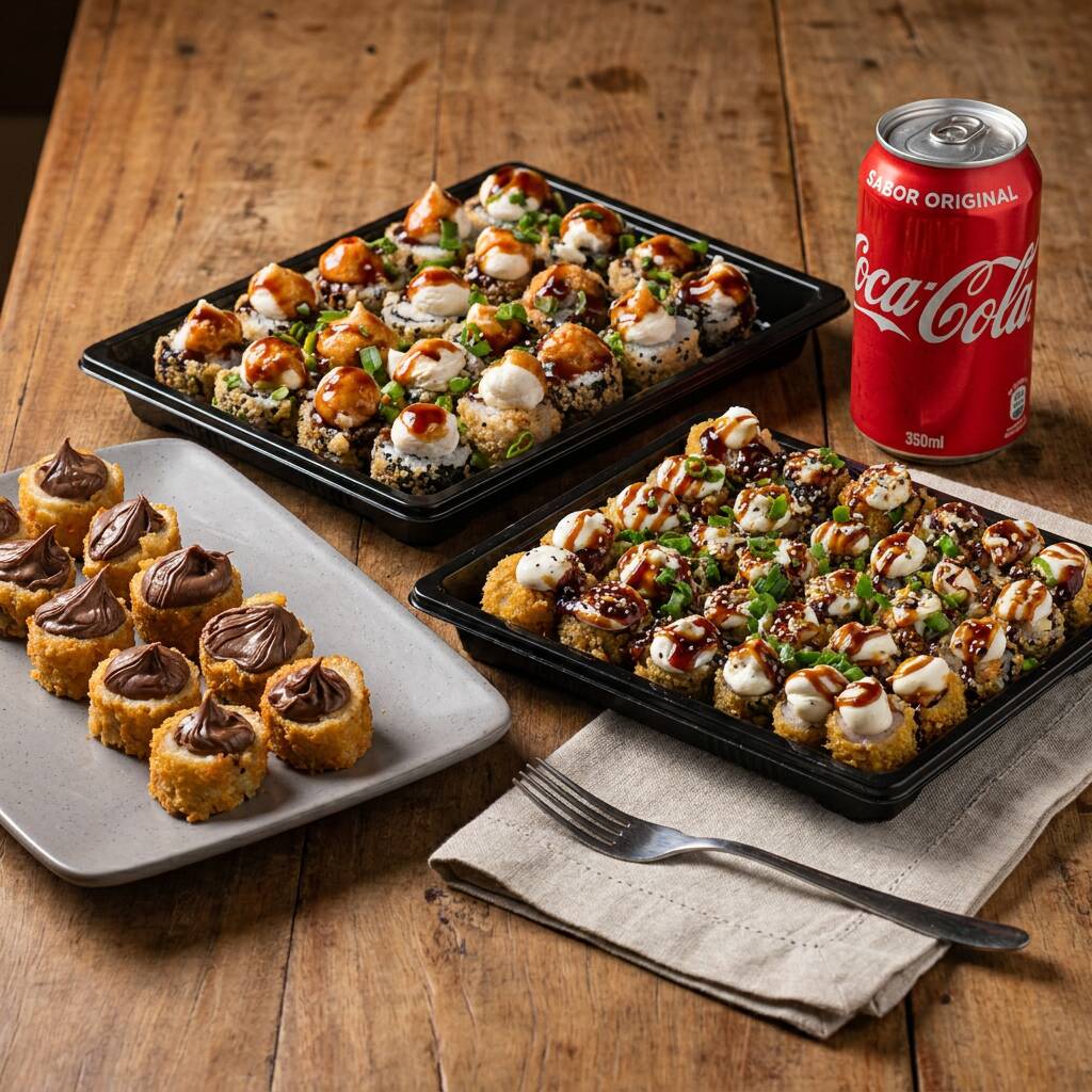 Combo Seleção 99, 1*Hot Roll (20 unidades), 1*Hot Roll De Salmão (10 unidades), 1*10 hot de banana com chocolate da serra Gaucha(vabene), 1*Coca-Cola Lata 350ml