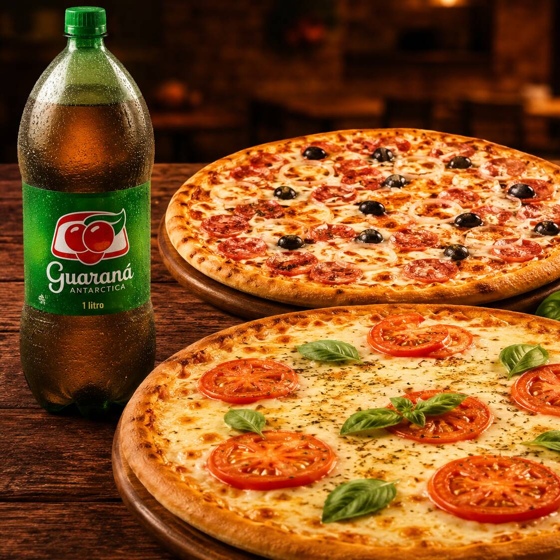 Duas Pizzas de Mussarela e Calabresa - GRÀTIS Refri de 1 Litro - Metade de Cada Sabor
Pizza Tamanho Grande
8 Fatias cada Pizza