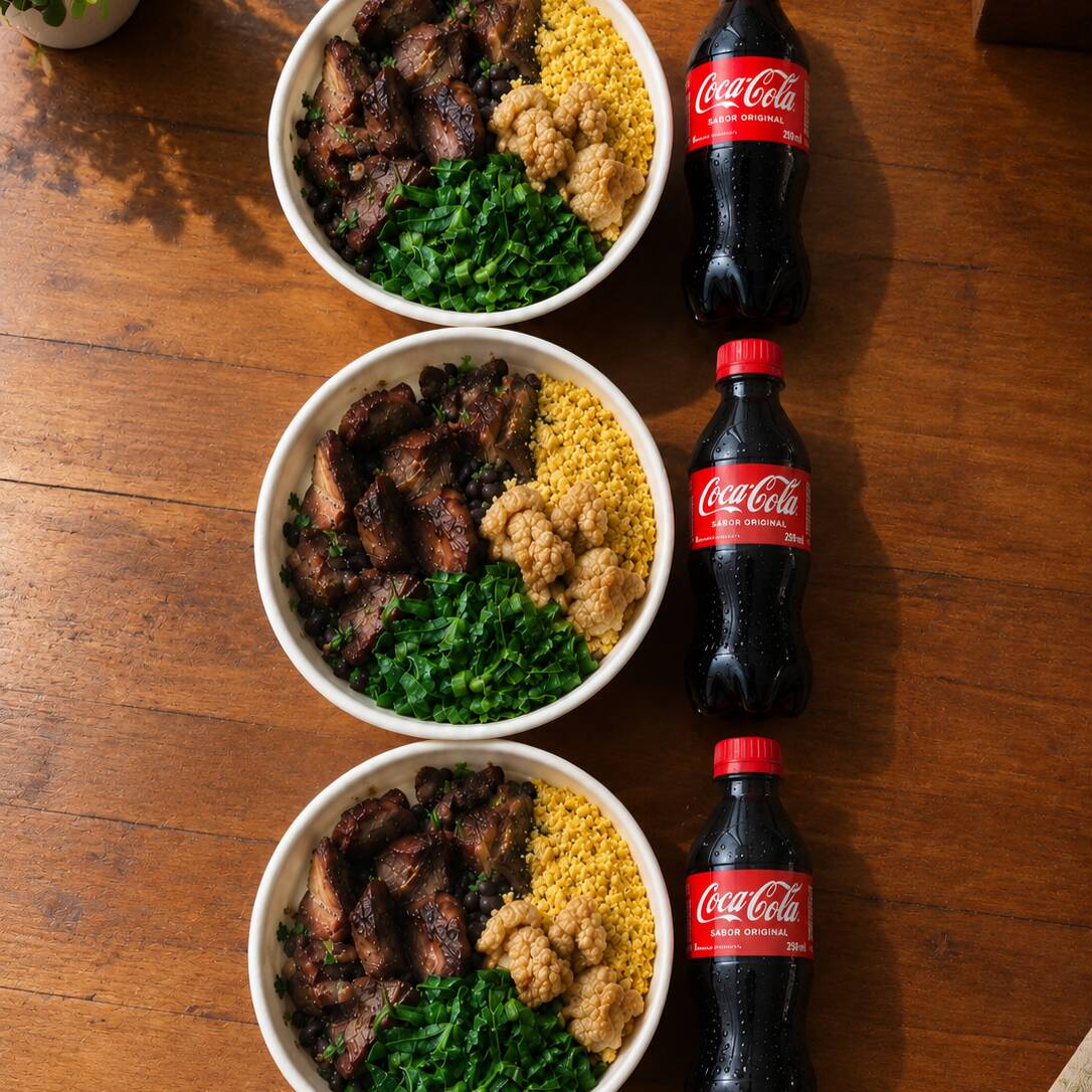Marmita de Feijoada magra (arroz branco, lombo suino, linguiça calabresa, bacon, couve refogada na manteiga, farofa temperada). Acompanha 3 coca cola pet 200ml grátis Marmita indicada para 3 pessoas.