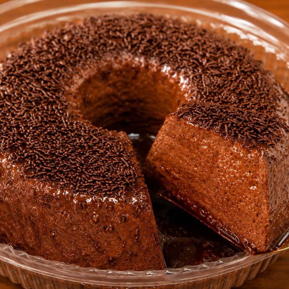 Pudim de chocolate artesanal, super cremoso e preparado com leite condensado e chocolate. Finalizado com granulado crocante para um toque especial!