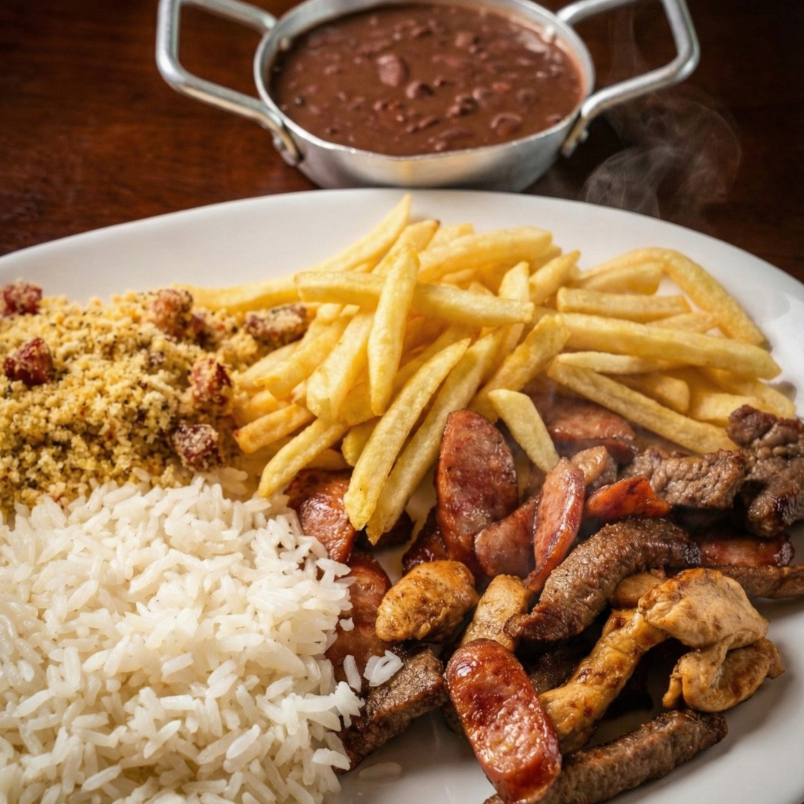 Alcatra bovina, frango e linguiça suína defumada. servida com arroz branco, feijão vermelho, farofa crocante e batata frita.