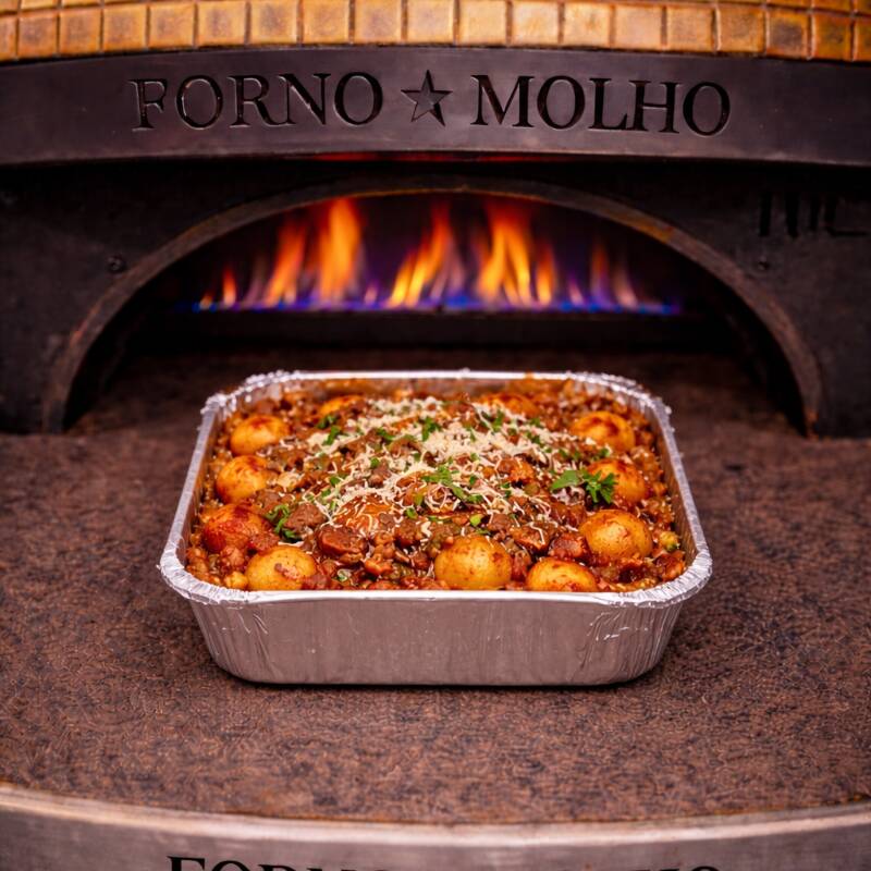 Nhoque artesanal de batata servido com molho à bolonhesa. Acompanha arroz branco