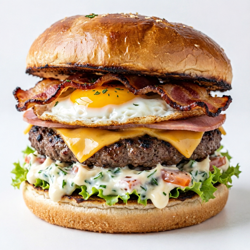 carne, queijo presunto , ovo , bacon , salada de maionese
