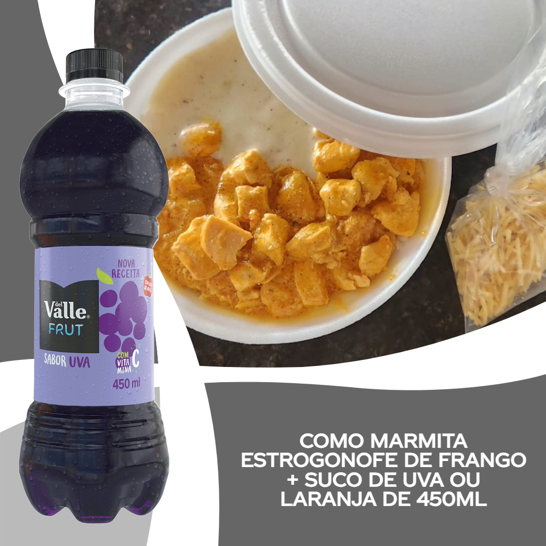 Estrogonofe de Frango, arroz branco, pure de batata cremoso. ACOMPANHA MIX DE SALADA Obs. : Na falta de um dos acompanhamentos será substituído por algum item do cardápio do dia. Delicioso estrogonofe de frango com molho cremoso à base de creme de leite, mostarda e ketchup, servido com arroz branco soltinho e batata palha crocante. Uma combinação clássica e irresistível!