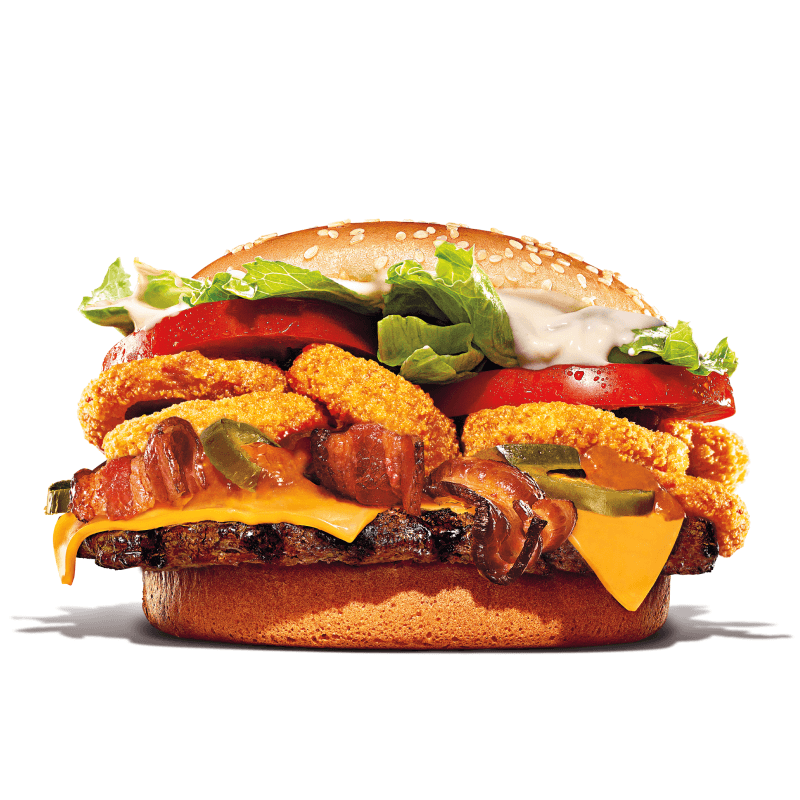 Um hambúrguer com uma carne bovina grelhada de 113g, pão com gergelim, queijo derretido, onion rings , fatias de bacon crocante, pimenta-jalapeño, salada fresca (alface e tomate), o exclusivo molho furioso e maionese bk.