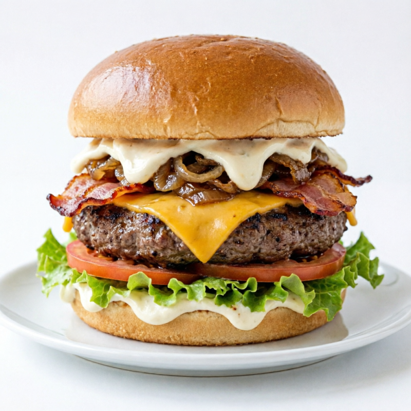 **Super Costela Grill** Pão brioche, hambúrguer artesanal sabor costela 200g, cebola caramelizada defumada, queijo prato, bacon, maionese sabor cheddar, tomate, alface e molho especial da casa.
