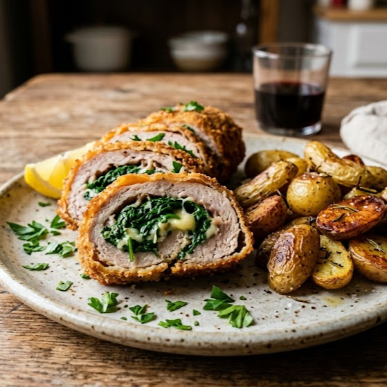 Rollito de Milanesa con Espinaca y Papas