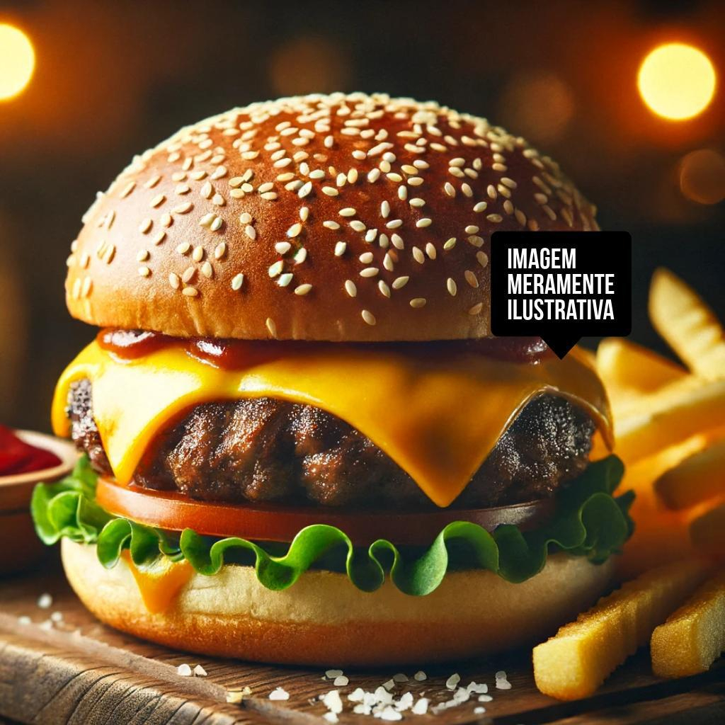 Pão Brioche, Hambúrguer 180g, Queijo Prato, Queijo Cheddar, Maionese da Casa, Alface, Tomate e Bacon + Batata Frita (Imagem Ilustrativa)