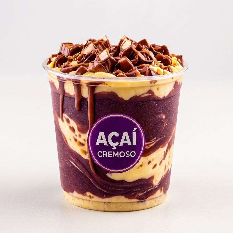 Açaí, leite condensado, farofa de paçoca, jujuba, gotas de chocolate, leite em pó, calda de chocolate branco