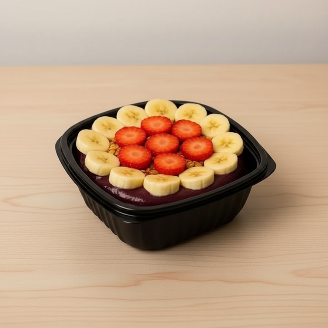 bastante açaí , creme de avelã , bananas , leite em pó , morangos , chocoboll , paçoca e leite condensado