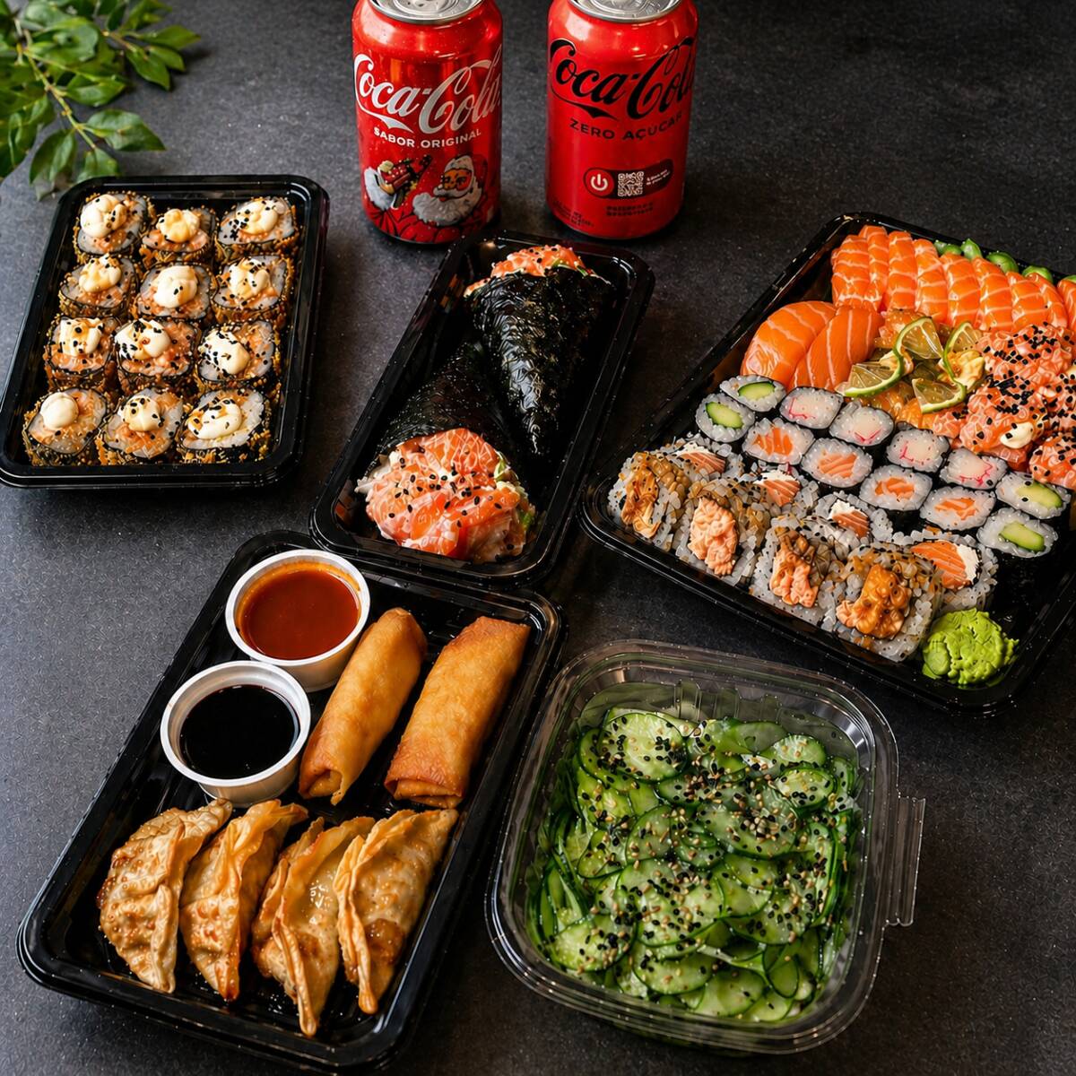 *Imagem Ilustrativa*
2 bebidas lata à escolha
2 temaki Salmão cream cheese e cebolinha
10 sashimi salmão
2 jyo salmão
2 jyo pepino
4 uramaki filadelphia
4 uramaki grelhado
2 niguiri salmão
2 niguiri skin
4 hossomaki salmão
2 hossomaki pepino
2 hossomaki kani
12 hot roll
4 guiozas
2 harumaki
1 sunomono
