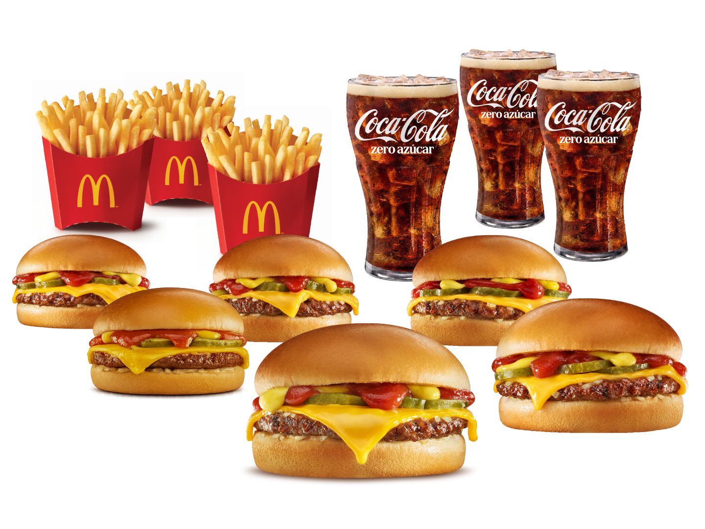 6 Hamburguesas con Queso, 3 papas medianas , 3 bebidas medianas