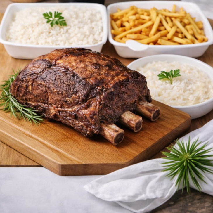 Perfeitamente assada, derretendo do jeitinho que a gente gosta. Acompanha porcao de arroz grande, porção de maionese 550g, porção de batata frita e 1kg de costela bovina + refri 2l de cortesia + refrigerante 2l.
