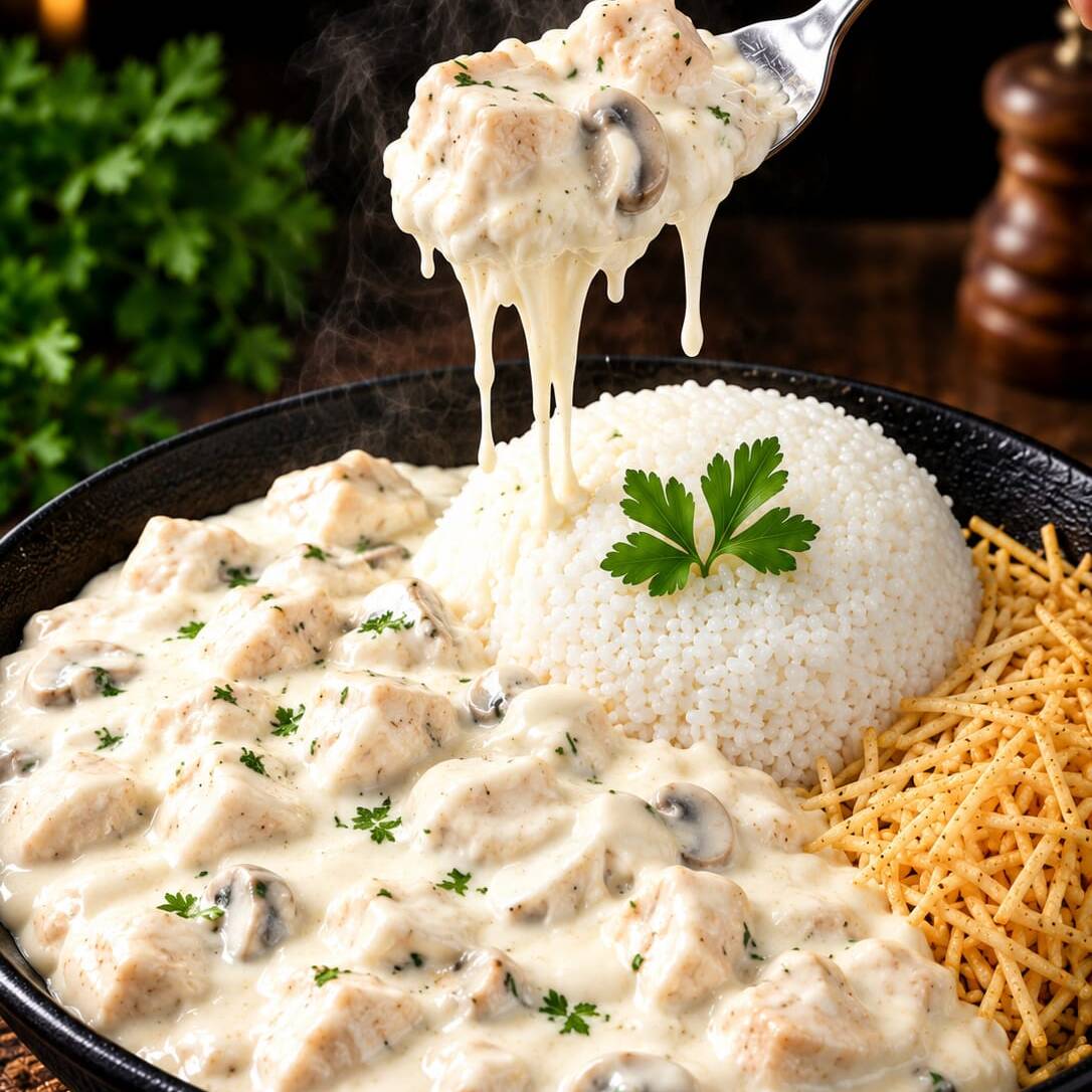 Frango douradinho e macio, envolvido em um molho cremoso e cheio de sabor, com aquele toque especial de cream cheese que deixa tudo ainda mais irresistível. ❤️ Uma explosão de cremosidade em cada garfada!