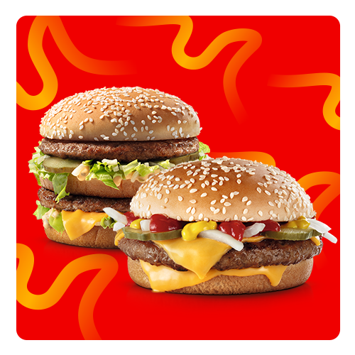 Nesta promoção você leva 2 sanduíches com desconto. Escolha 2 (dois) sanduíches entre as opções: Big Mac, Quarterão com Queijo, McChicken, McChicken Bacon, Duplo Burger Bacon ou Duplo Burger com Queijo. IMAGEM MERAMENTE ILUSTRATIVA.