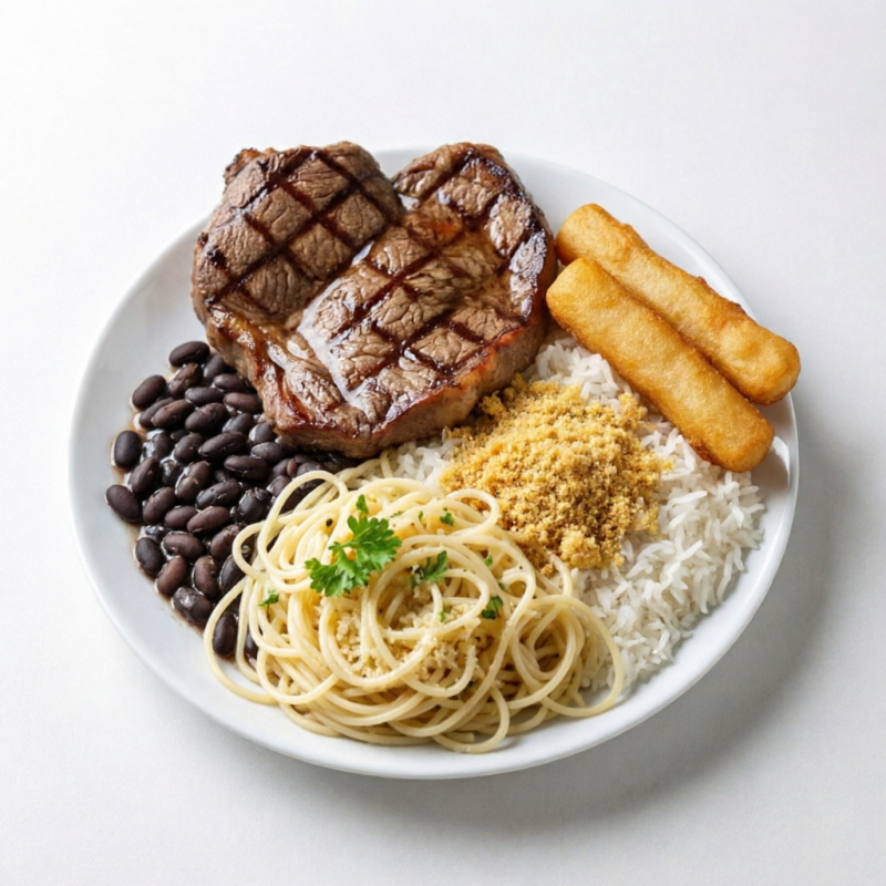 Suculento bife fresquinho, junto com arroz branco, feijão, macarrão do Dia, farofa da casa e batata frita artesanal.