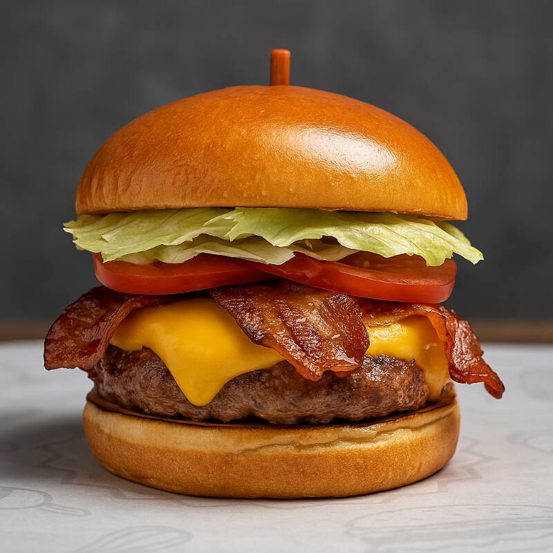 120g de blend com molho da especial, ketchup, cebola fresca, alface crocante, tomate suculento, bacon crocante e queijo cheddar derretido, tudo isso no pão brioche macio.