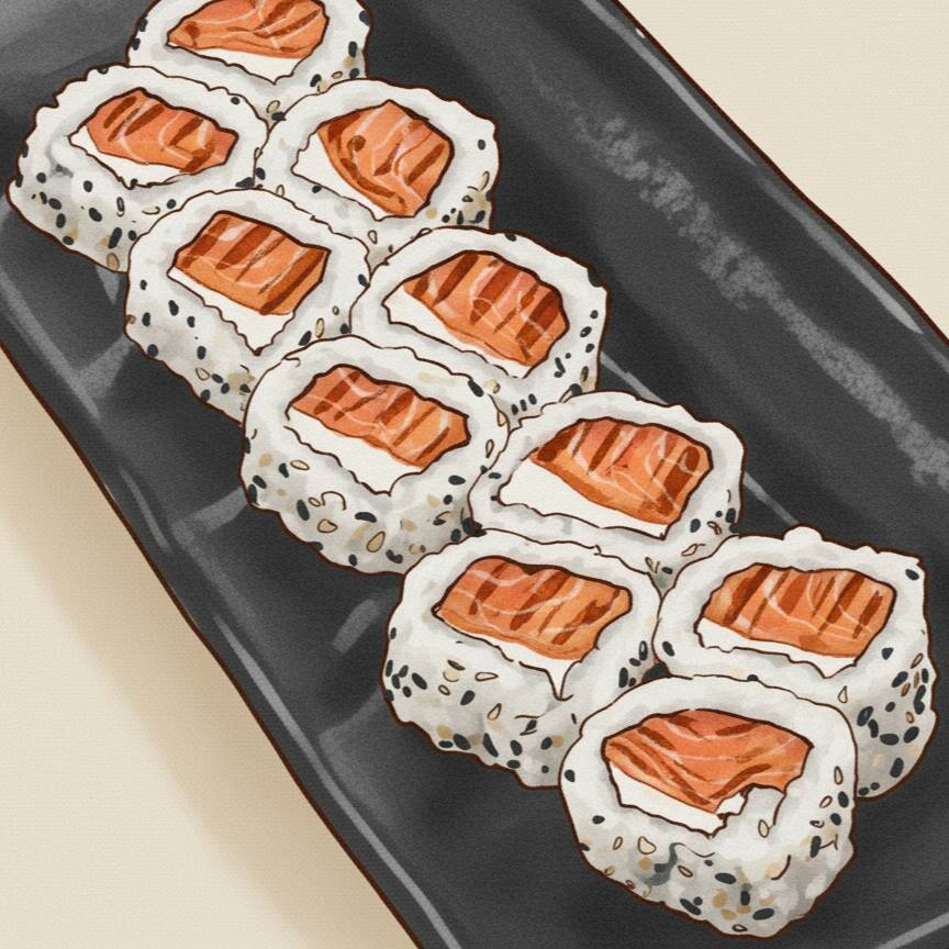 Uramaki com salmão grelhado, arroz temperado e cobertura especial.