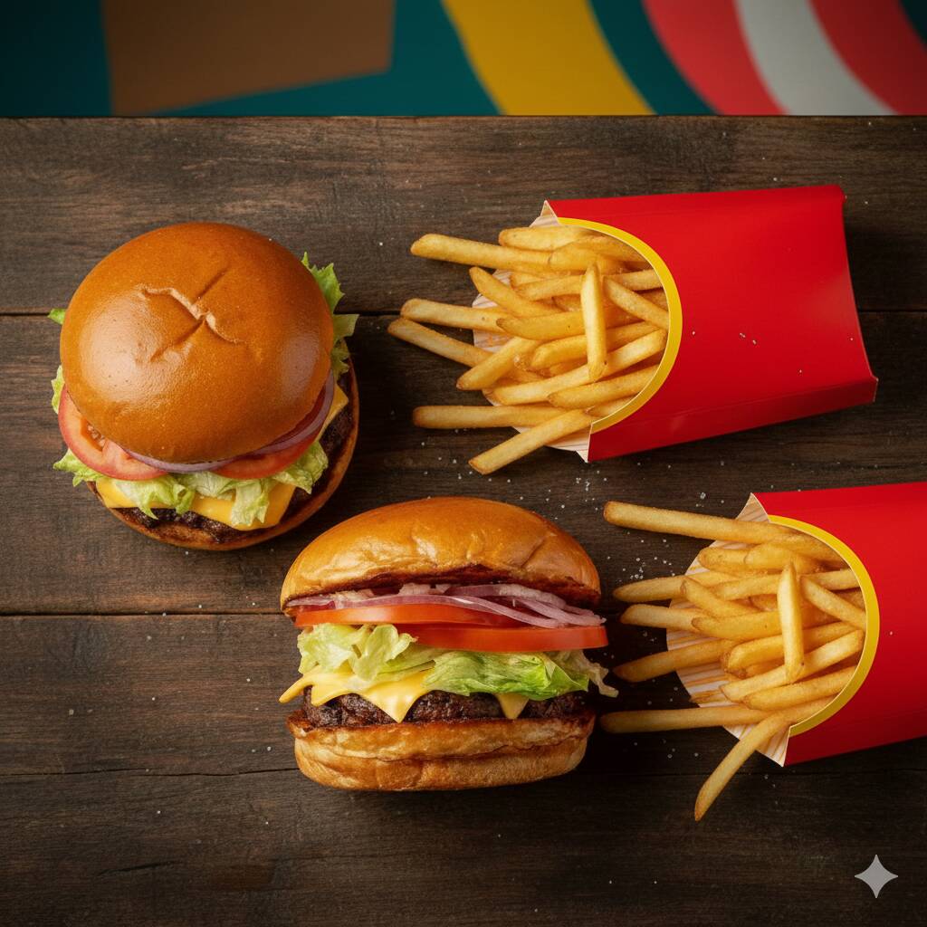 2 Hambúrgueres Artesanais de 90g, queijo derretido, maionese bem temperada, alface e tomate fresco no pão de hambúrguer selado + 2 batatas fritas