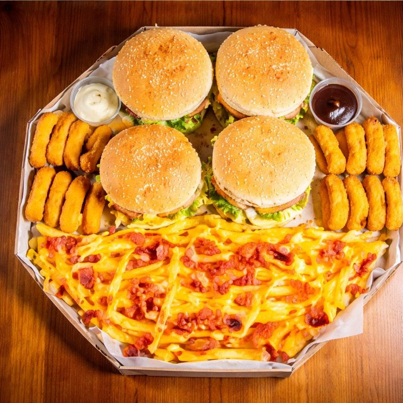 04 X-tudão Mega Completo ( Pão fofinho e fresco, hambúrguer, queijo derretido, alface, calabresa, batata palha, ovo,molho verde especial da casa) + 500 gr de batata frita fininha + Cobertura de cheddar cremoso. + 16 nuggets + Molho verde especial da casa.