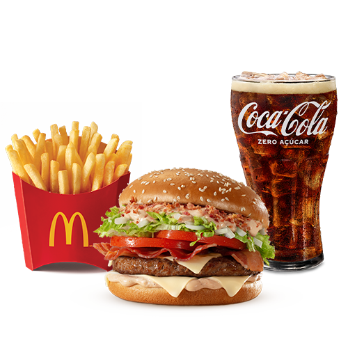 Composto por um hambúrguer de carne 100% bovina, o icônico molho tasty, uma combinação especial de bacon crispy e fatias de Bacon, queijo processado sabor emental, tomate, alface, cebola, tudo isso no pão com gergelim, acompanhamento e bebida.