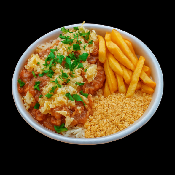 Arroz , feijão , parmegiana de frango , fritas e farofa
