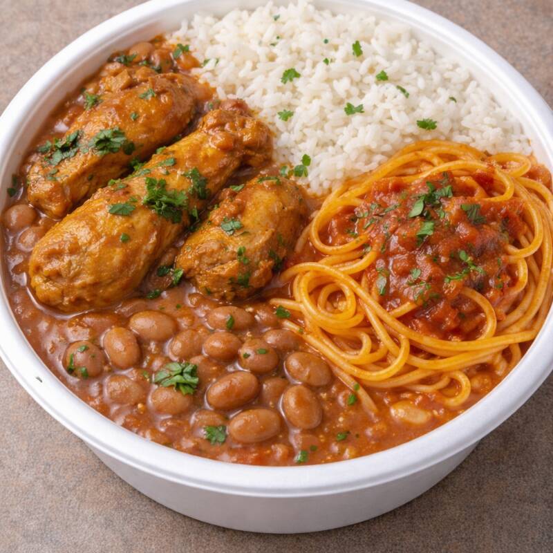 Arroz, feijão de caldo, molho de frango com batata e macarrão