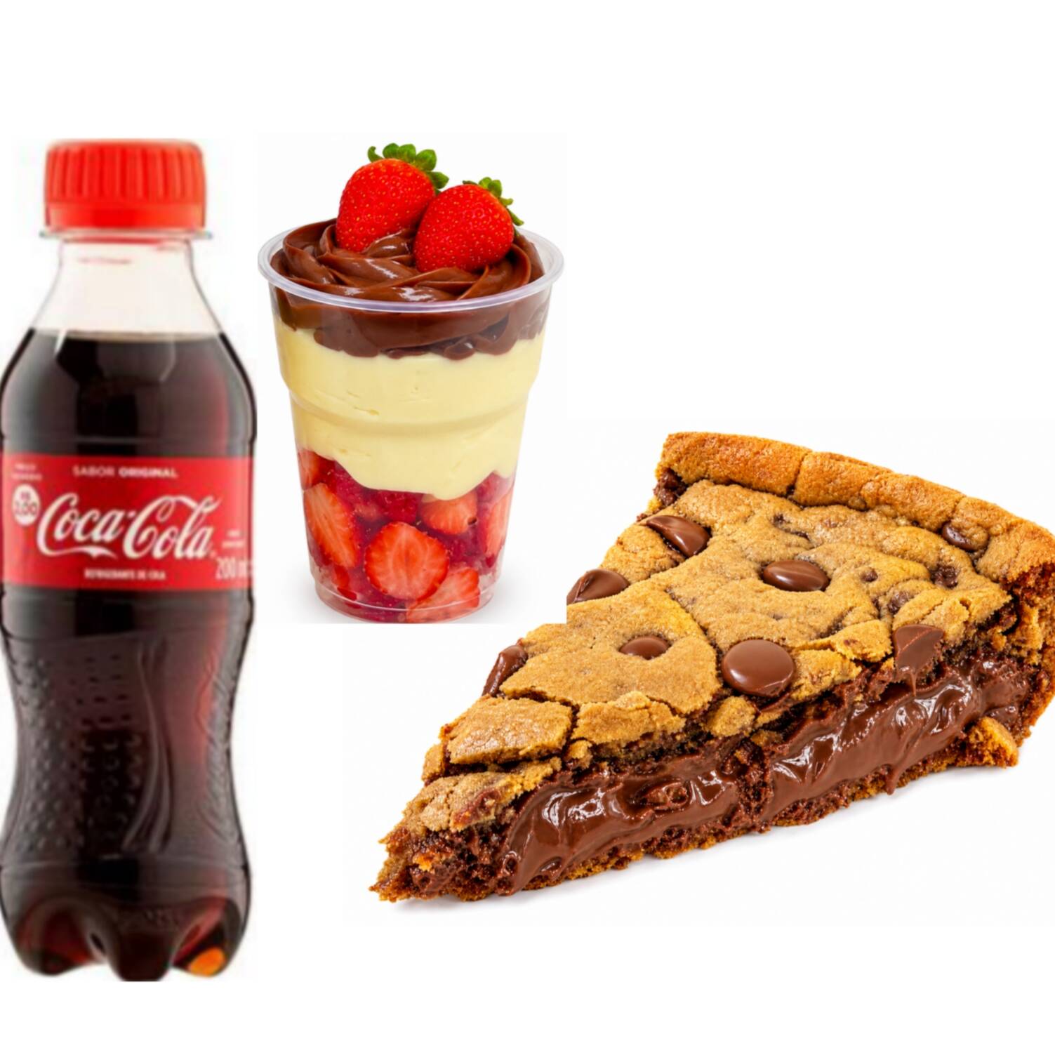 Um combo perfeito. Com uma deliciosa torta de Cookies de Nutella com uma Coca cola 250ml bem gelada. Pra finalizar uma sobremesa deliciosa um copo dos deuses com morangos frescos , recheio de ninho finalizado com um brigadeiro gourmet, morangos e granulê.